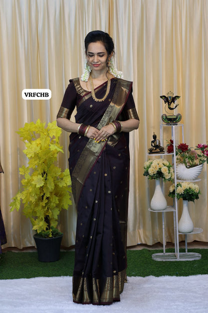 Semi soft silk saree with thousand buttas. Dark chocolate brown color🥳