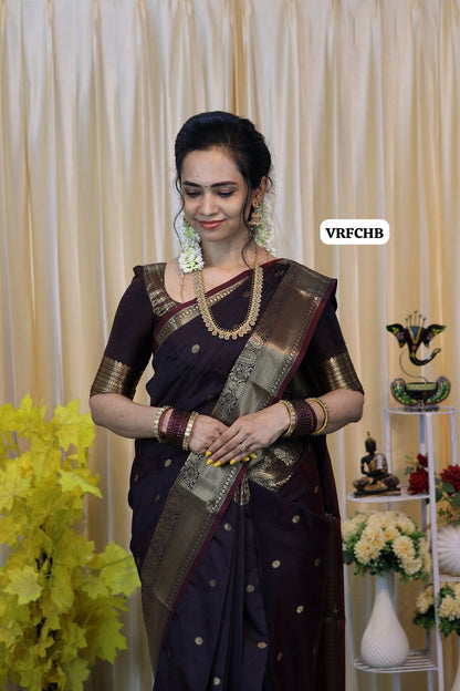 Semi soft silk saree with thousand buttas. Dark chocolate brown color🥳