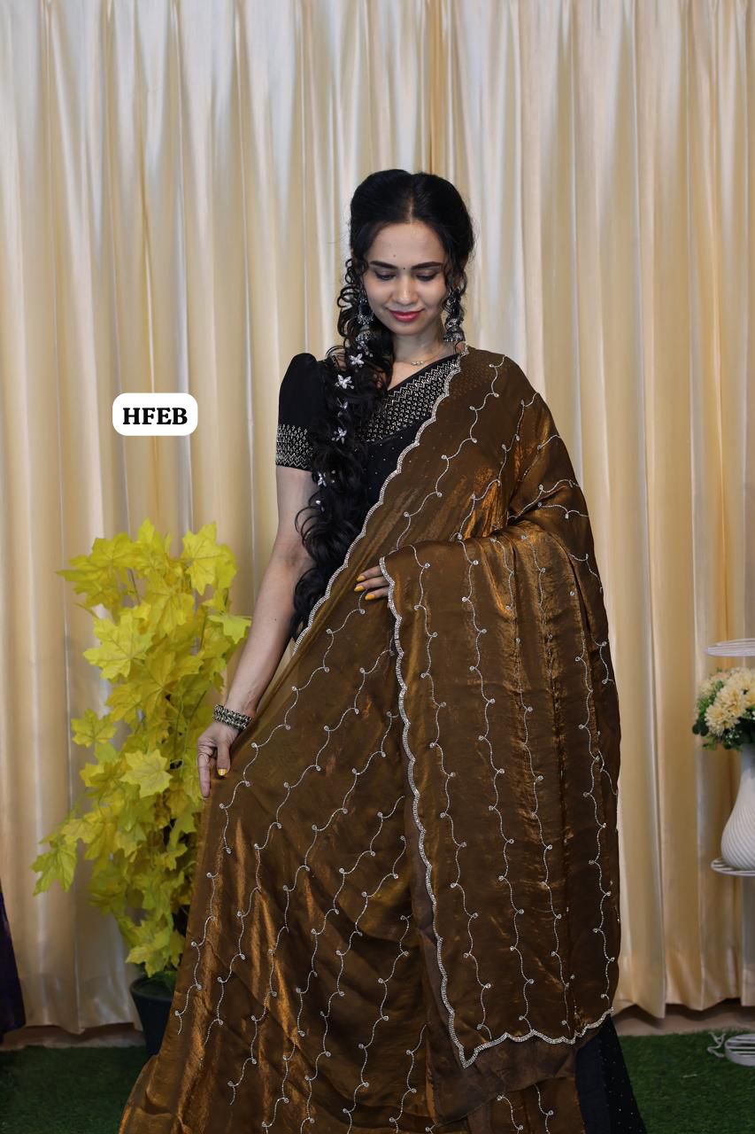 Premium space silk saree with real stone work . Perfect for reception function🥰🌈🥳