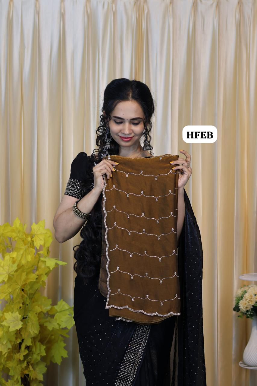 Premium space silk saree with real stone work . Perfect for reception function🥰🌈🥳