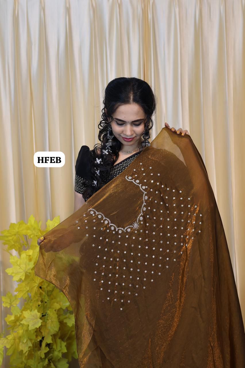 Premium space silk saree with real stone work . Perfect for reception function🥰🌈🥳