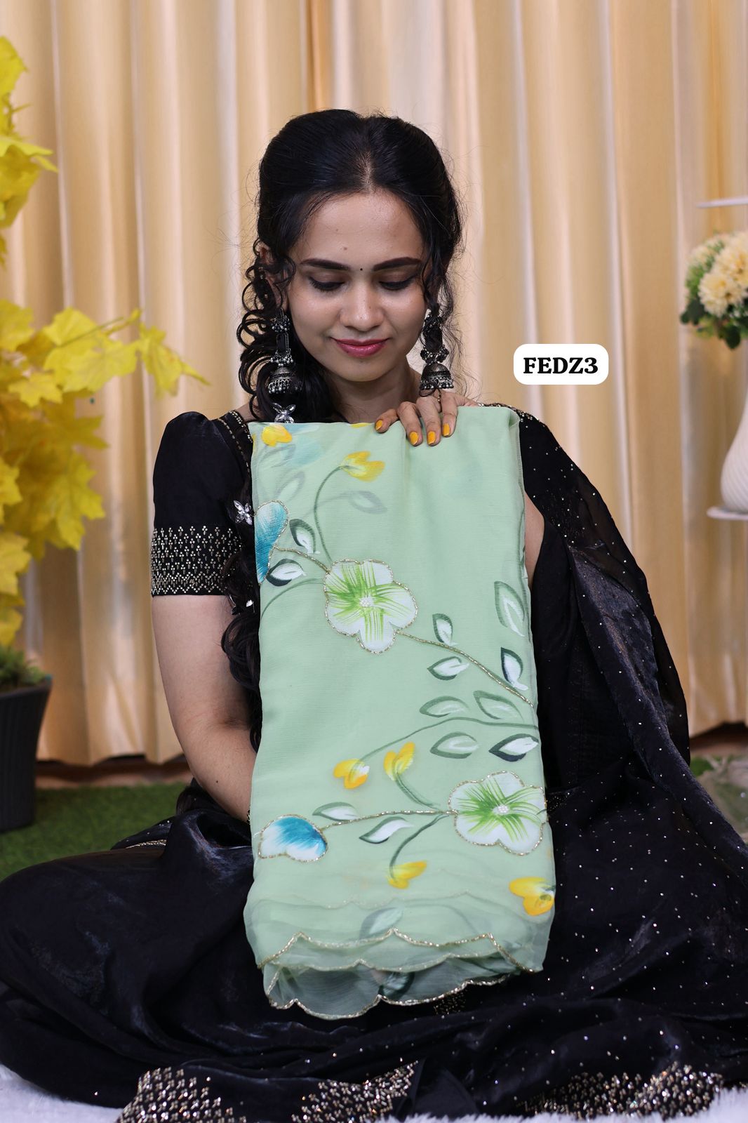 Pure chiffon saree with complete floral work hand paint and hand work 😍🥳