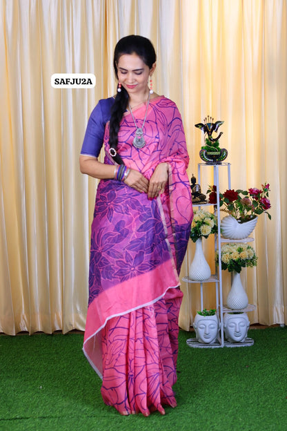 Printed semi cotton peach colour saree with line design. Same blouse as in pic. Unstitched🍄🥳