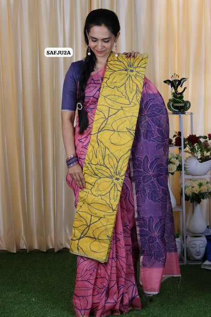 Printed semi cotton peach colour saree with line design. Same blouse as in pic. Unstitched🍄🥳