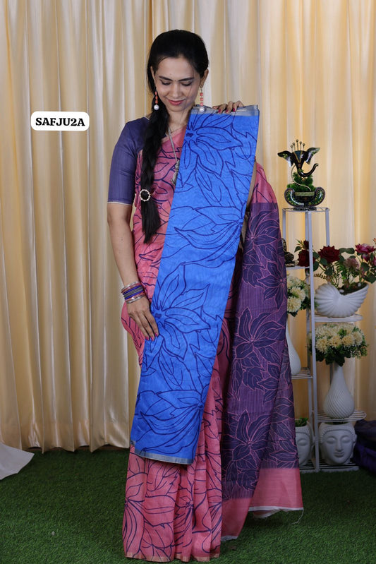 Printed semi cotton peach colour saree with line design. Same blouse as in pic. Unstitched🍄🥳