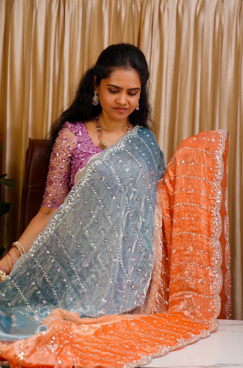 Heavy premium space silk sarees with katdana beads work🥰😎