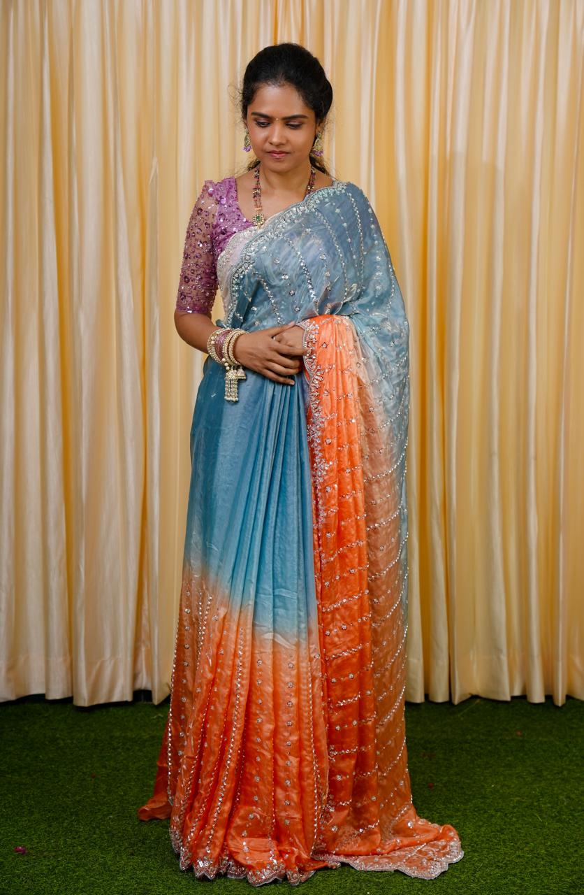 Heavy premium space silk sarees with katdana beads work🥰😎