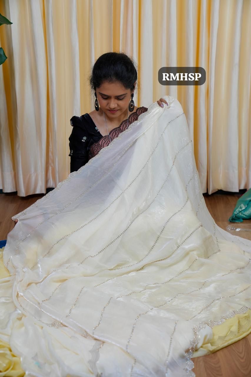 Space silk saree with stone work (half white)👇