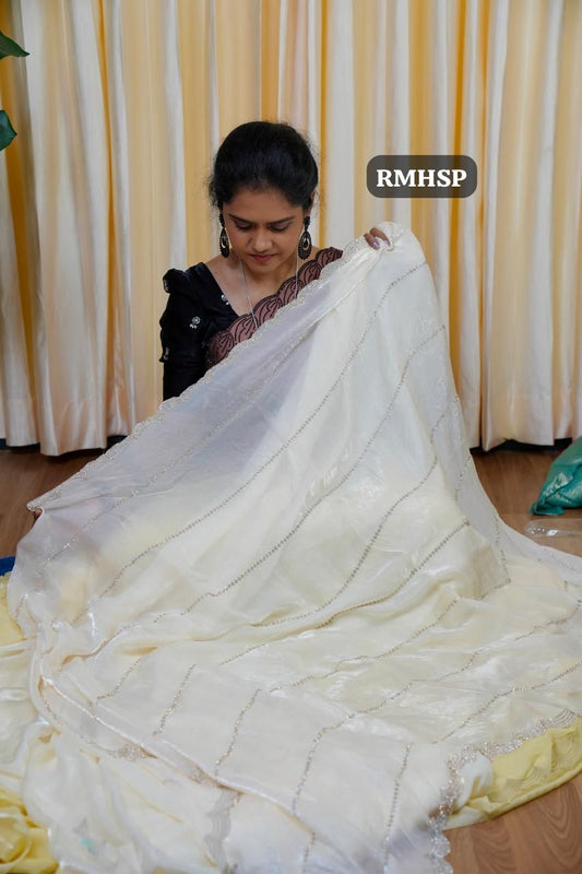 Space silk saree with stone work (half white)👇
