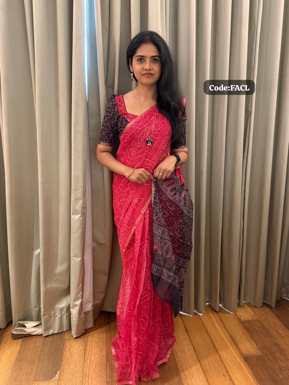 Soft chenderi Bandhni digital print with beautiful kalamkari printed pallu🥳