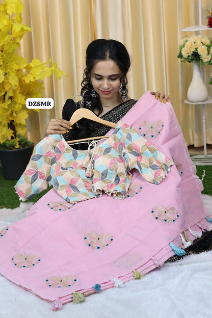 Pure kadhi cotton in embroidery butterfly with stitched blouse(38-42)free size 😍🥳