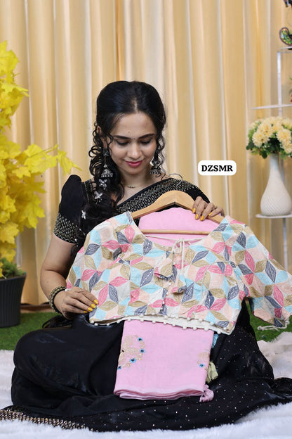 Pure kadhi cotton in embroidery butterfly with stitched blouse(38-42)free size 😍🥳