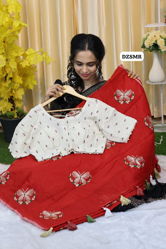 Pure kadhi cotton in embroidery butterfly with stitched blouse (38-42)free size  😍🥳