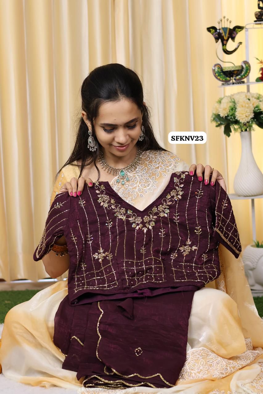 Crunchy soft space silk saree with heavy work stitched blouse🥳