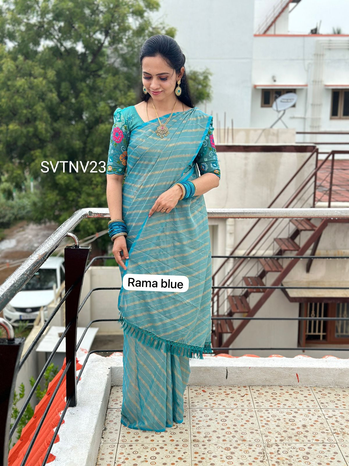 Designer Saree With Work Blouse  Turquoise blue ❌