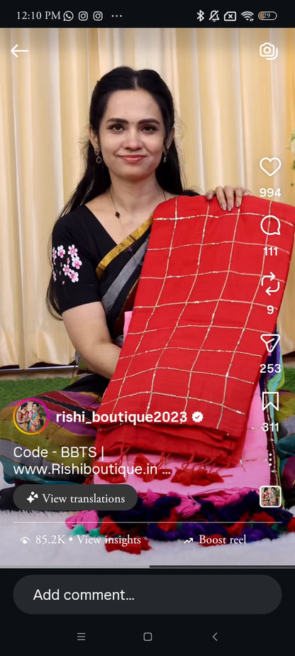 Mul cotton saree with jumki work with checks 😍