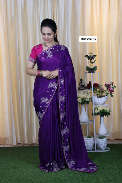 Premium soft Chinnon silk with chumkey and embroidery work stitched 🔥🥳Violet with pink