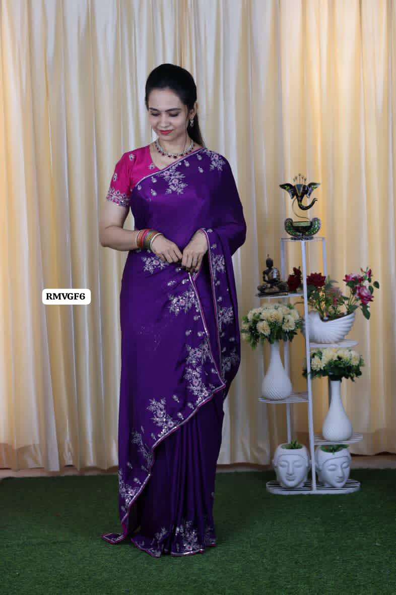 Premium soft Chinnon silk with chumkey and embroidery work stitched 🔥🥳Violet with pink