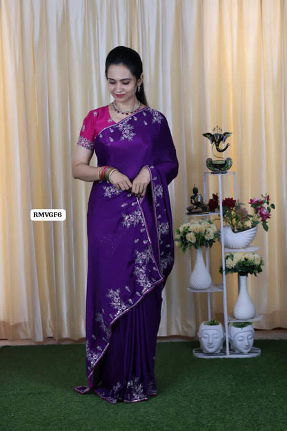 Premium soft Chinnon silk with chumkey and embroidery work stitched 🔥🥳Violet with pink