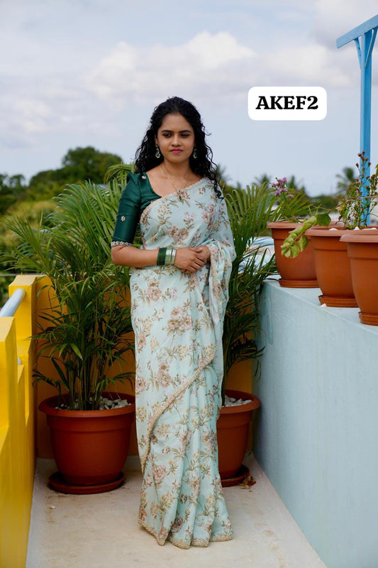 Chinnon digital printed saree with Pearl work and Cutwork border.(Prebook)🥳⏰