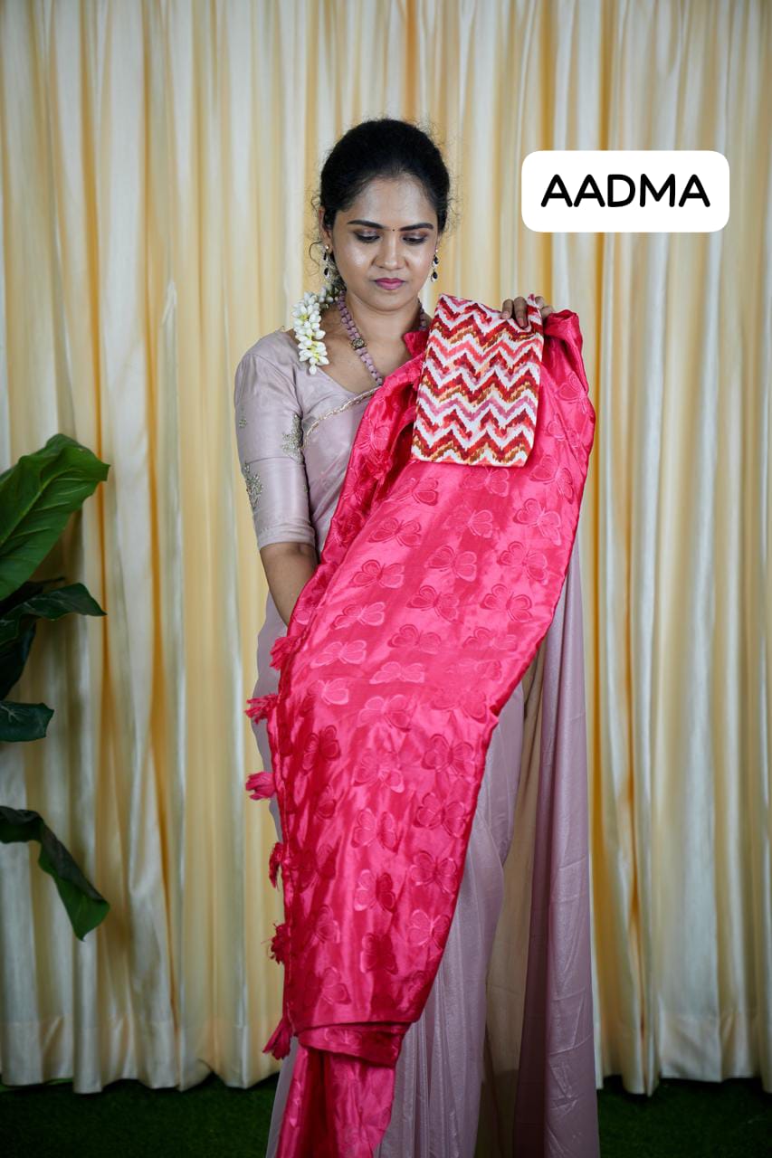 Shiny satin silk saree plus contrast blouse🥳