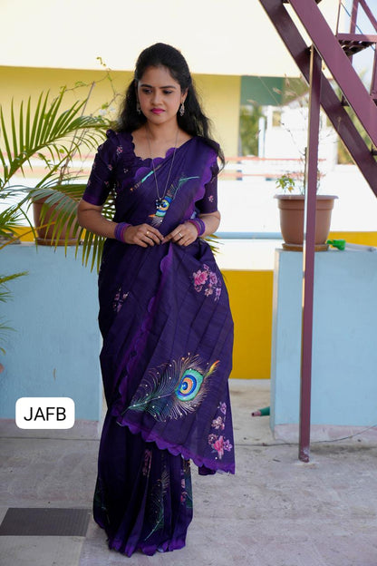 Handloom tussar silk with peacock feather digital print 🥳