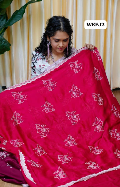 Satin chiffon White Flower Saree🥰😎Rani Pink