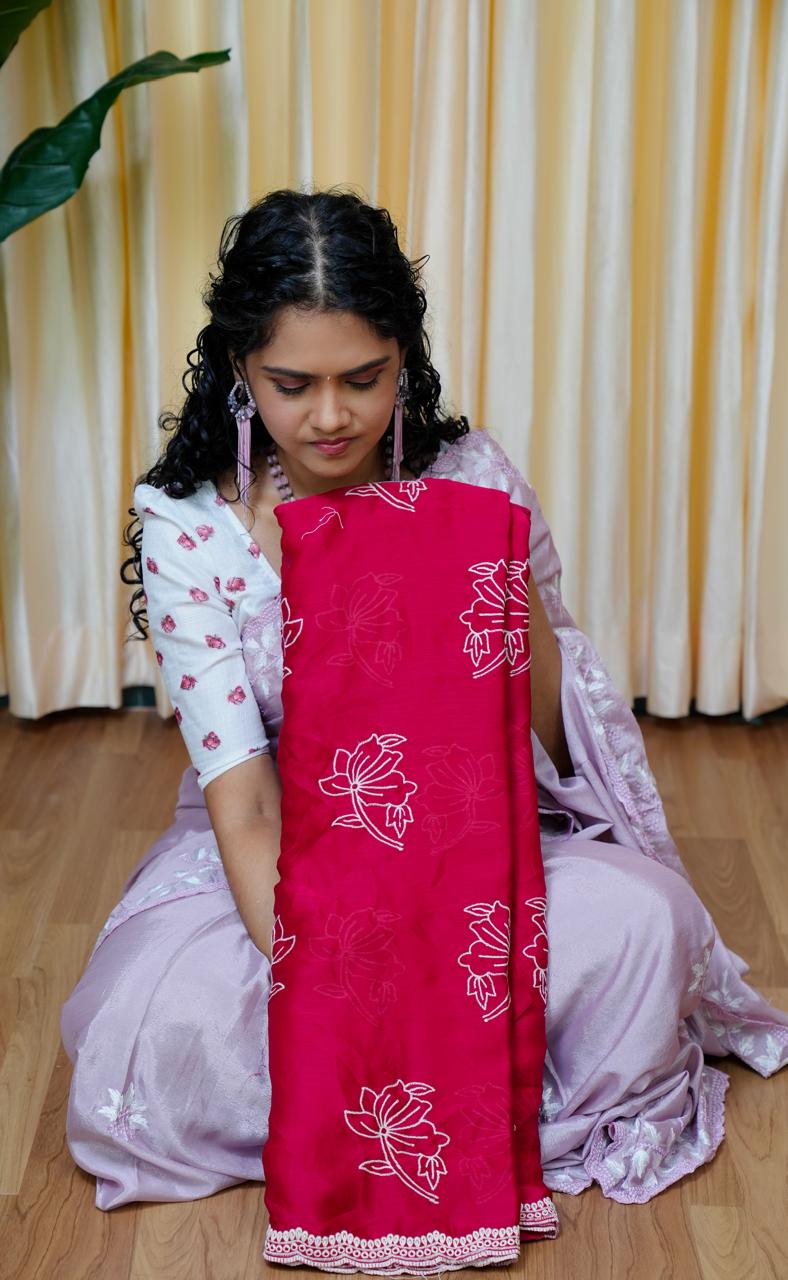 Satin chiffon White Flower Saree🥰😎Rani Pink