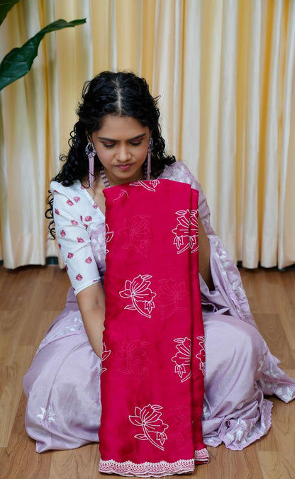 Satin chiffon White Flower Saree🥰😎Rani Pink