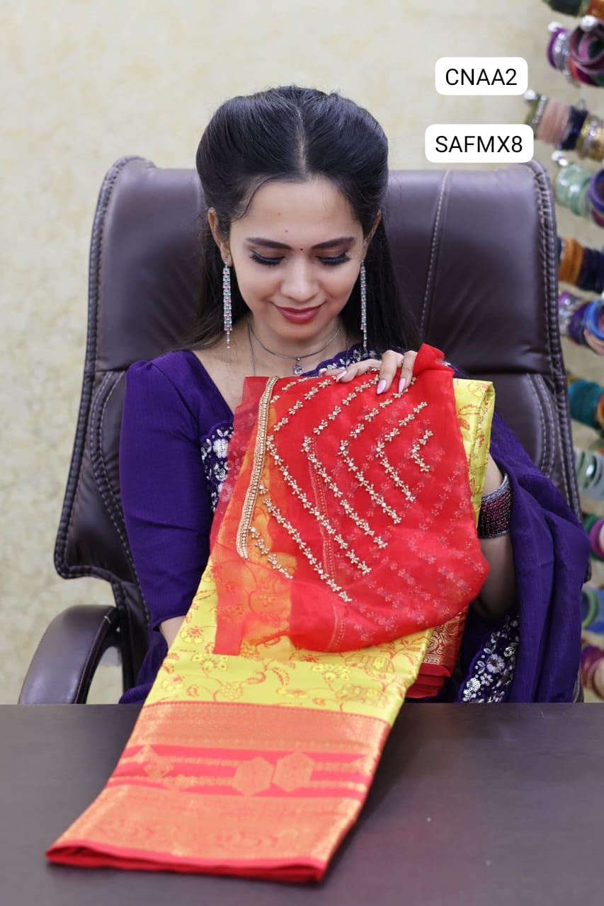 Kanchi bridal semi silk saree with Premium quality net work aari blouse  Combo ( unsistched ) 🥳