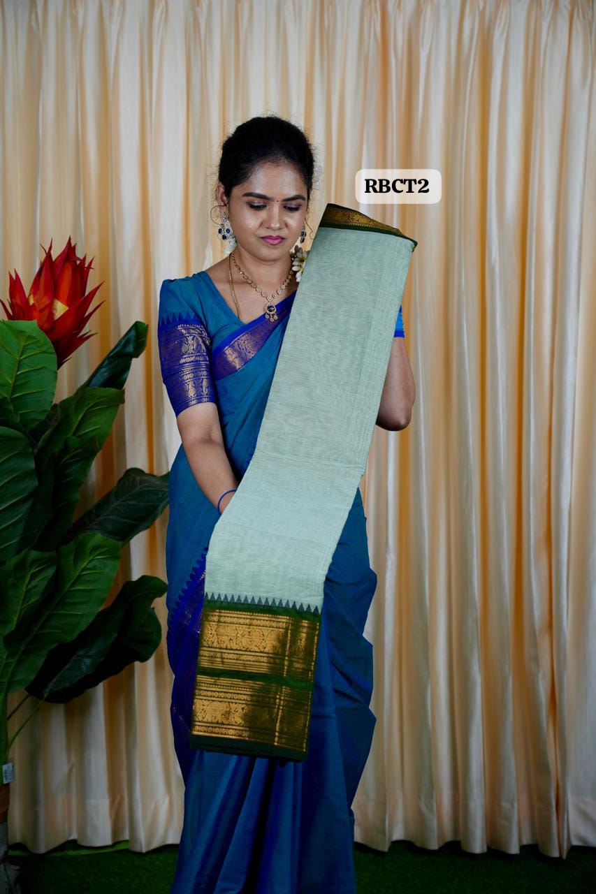 Kanchi Cotton Saree  light green with dork green🍏🍄