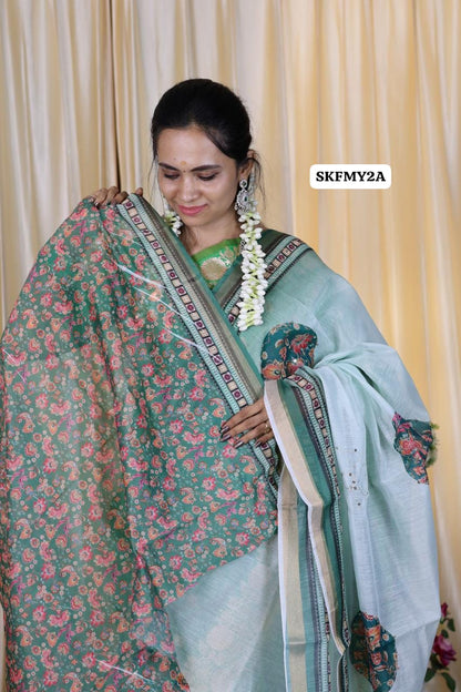 Malai cotton saree with Zari Sequence work and fabulous printed Blouse sold❌