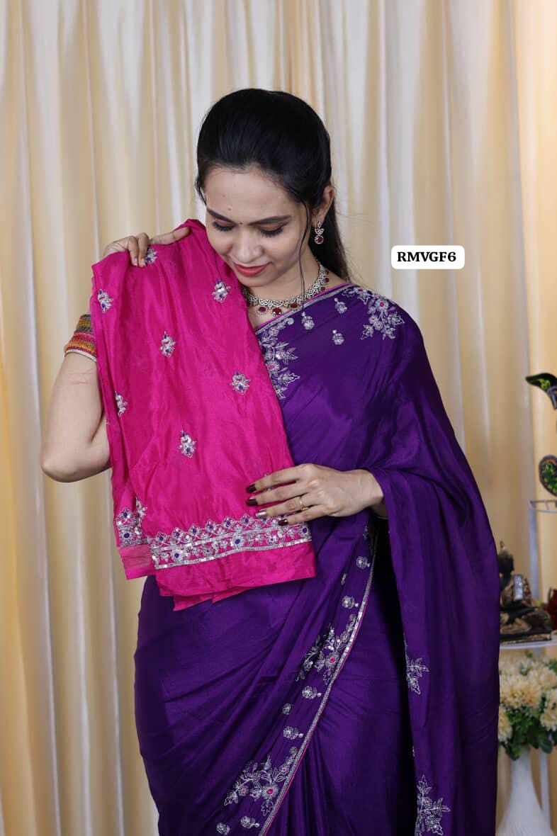 Premium soft Chinnon silk with chumkey and embroidery work stitched 🔥🥳Violet with pink