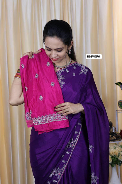 Premium soft Chinnon silk with chumkey and embroidery work stitched 🔥🥳Violet with pink