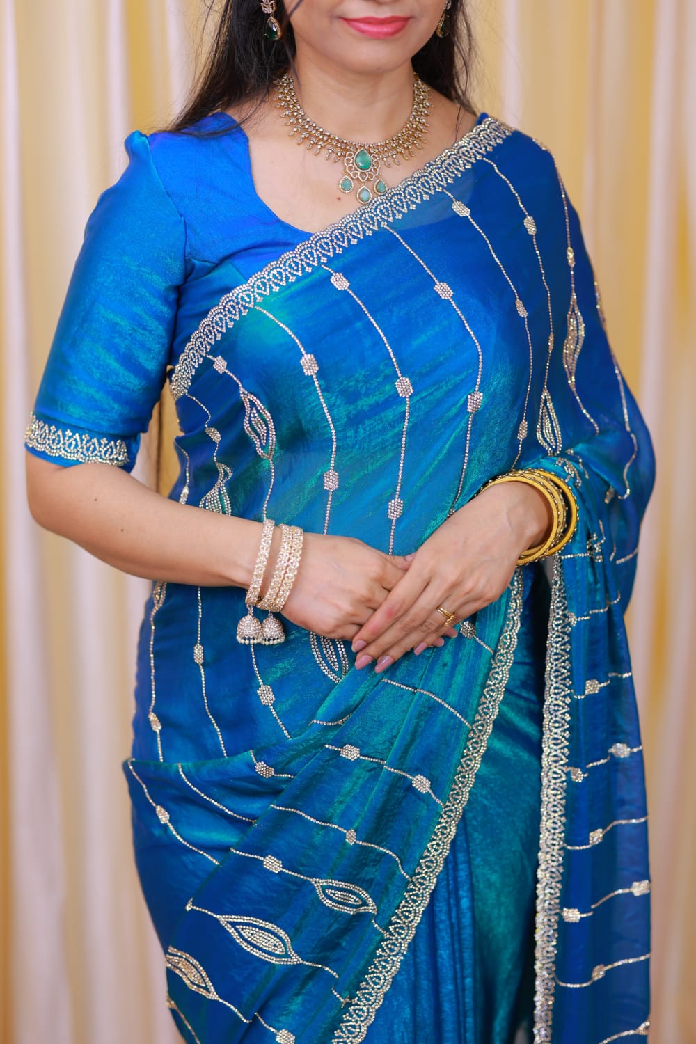 Premium space silk saree with real stone work . Perfect for reception function🎁