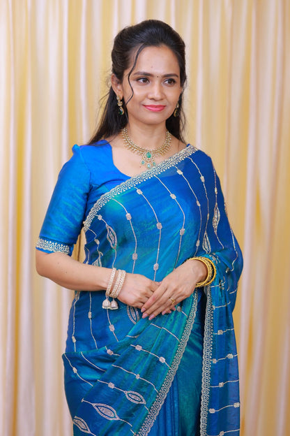 Premium space silk saree with real stone work . Perfect for reception function🎁