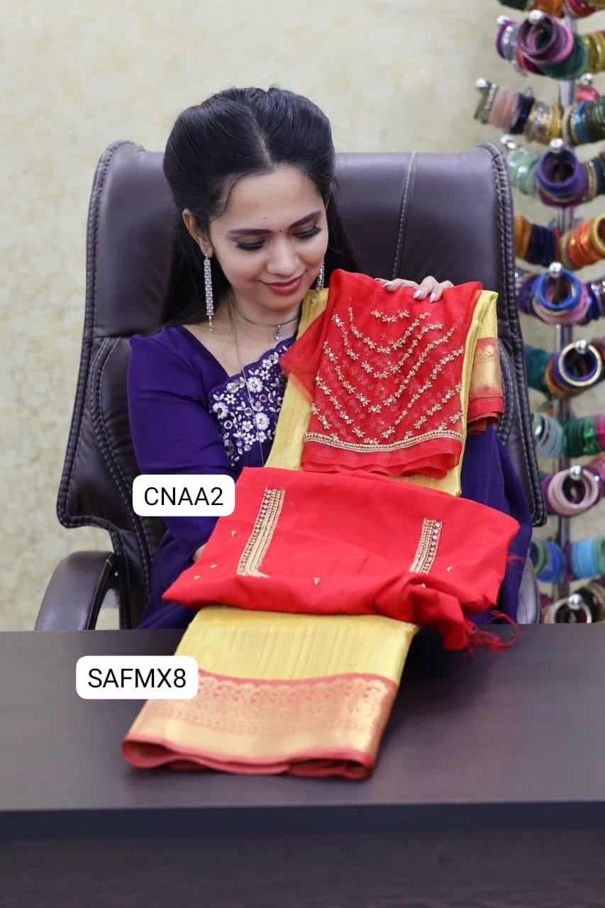 Kanchi bridal semi silk saree with Premium quality net work aari blouse  Combo ( unsistched ) 🥳