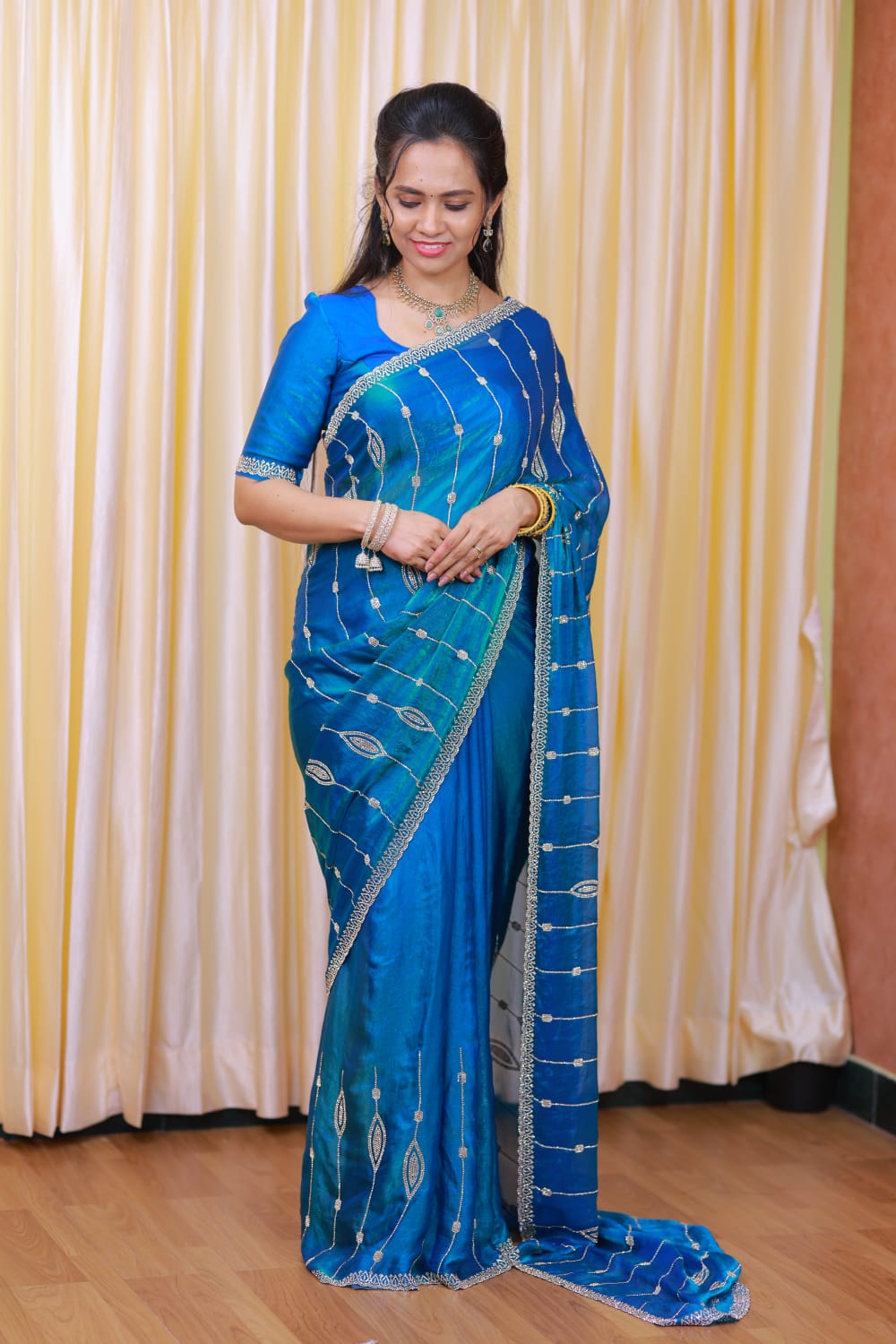Premium space silk saree with real stone work . Perfect for reception function🎁
