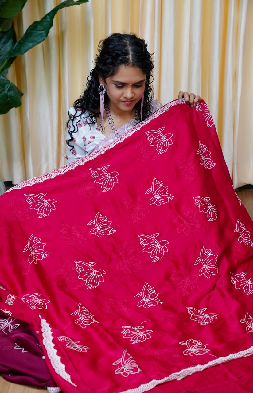 Satin chiffon White Flower Saree🥰😎Rani Pink