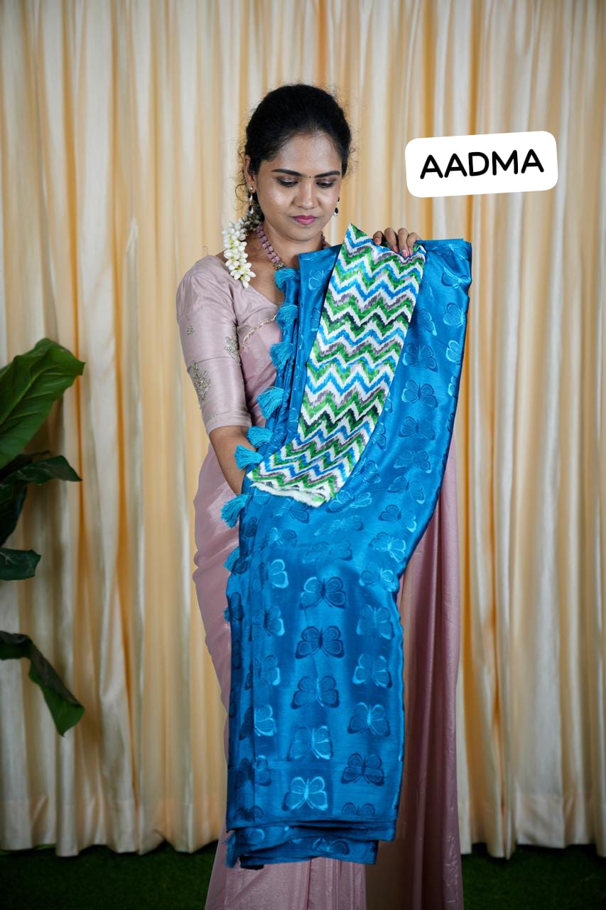 Shiny satin silk saree plus contrast blouse🥳