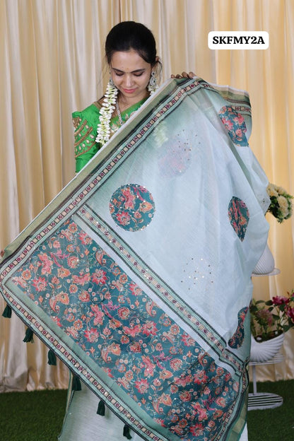 Malai cotton saree with Zari Sequence work and fabulous printed Blouse sold❌