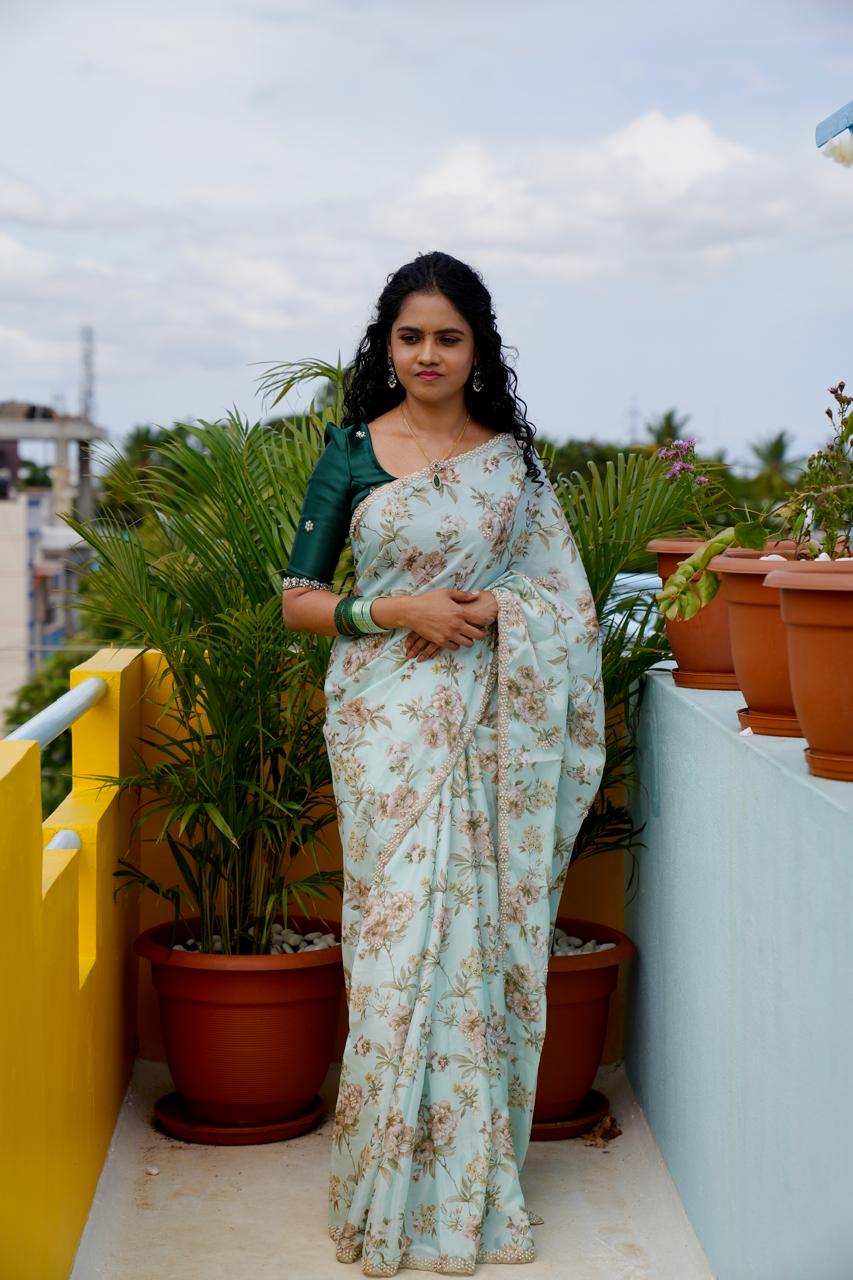 Chinnon digital printed saree with Pearl work and Cutwork border.(Prebook)🥳⏰
