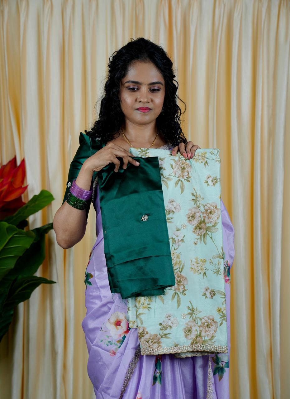 Chinnon digital printed saree with Pearl work and Cutwork border.(Prebook)🥳⏰