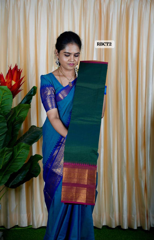 Kanchi Cotton Saree  dorck green with red🥳