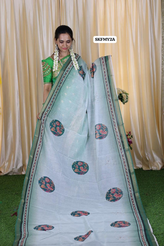 Malai cotton saree with Zari Sequence work and fabulous printed Blouse sold❌