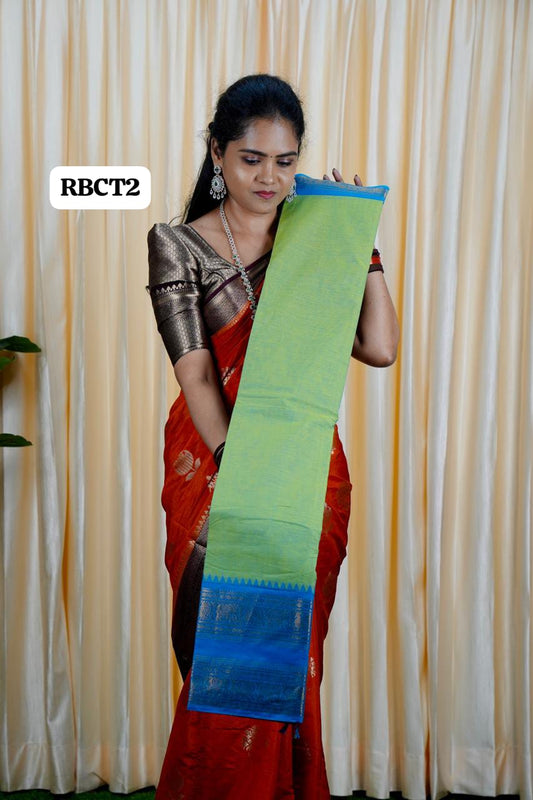 Kanchi cotton saree 🥳light  green with sky blue 💙