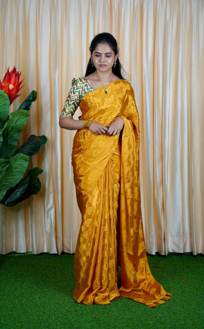 Shiny satin silk Saree Plus Contrast Blouse prebook🥳