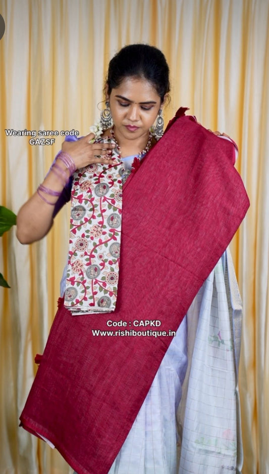 Kadhi Cotton Sarees with Contrast Kalmkari Blouse 🥰