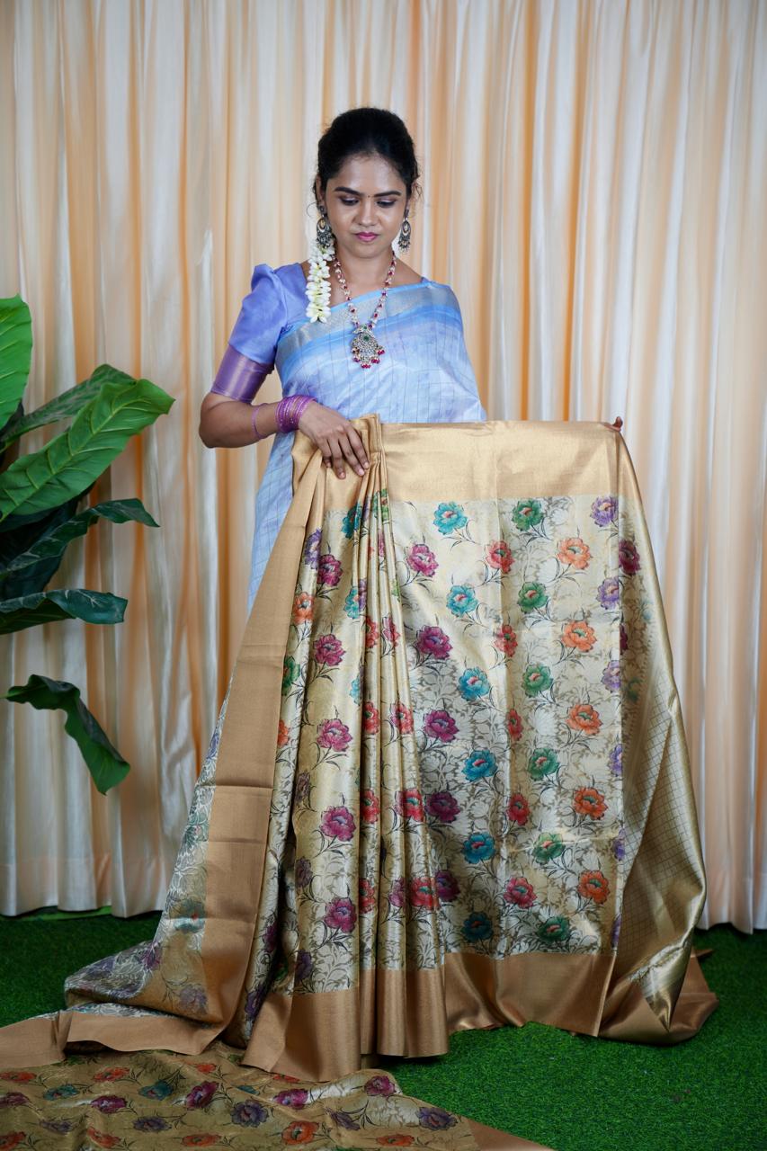 Soft Katan saree With Floral  Prints 🥳prebook