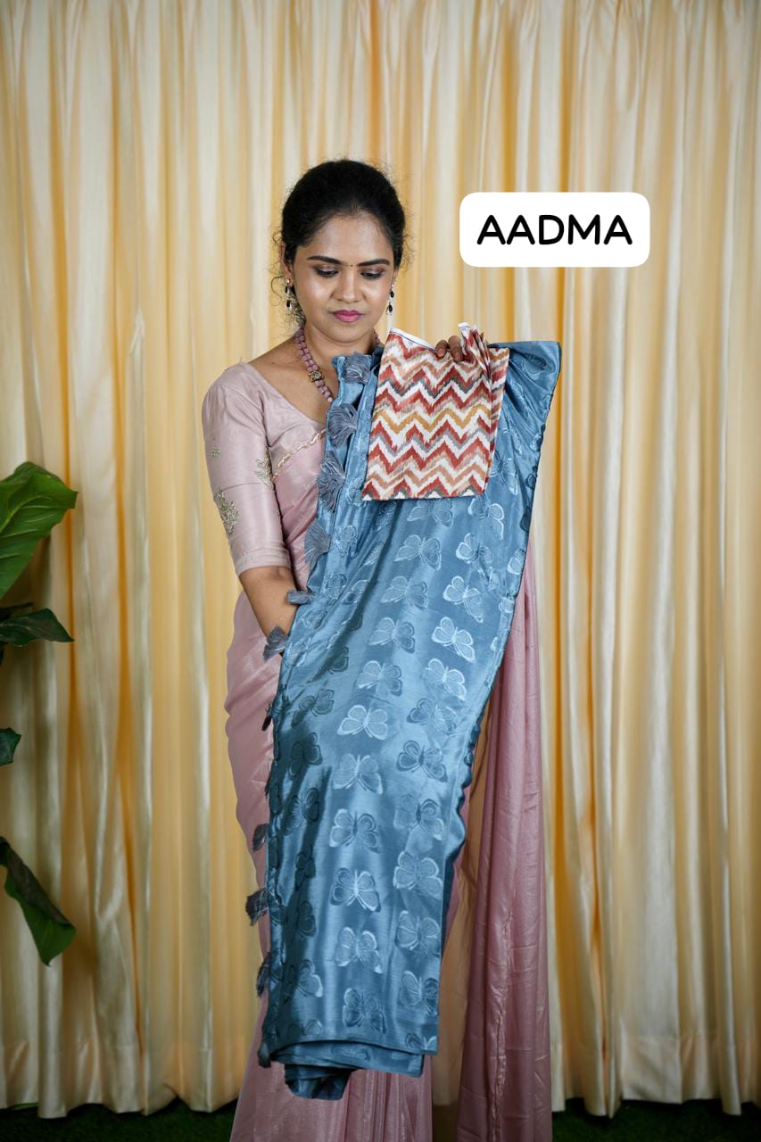 Shiny satin silk saree plus contrast blouse 🥳